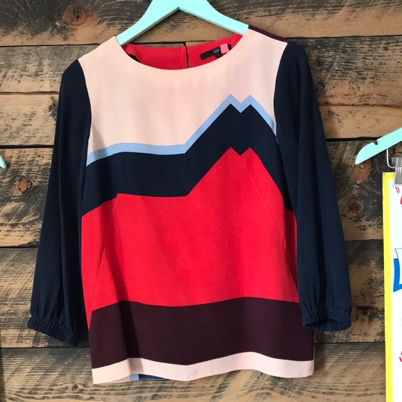 Tibi Tops - TIBI NEW YORK 100% Silk Colour Block Blouse Boat Neck Geometrical Top sz 2 XS